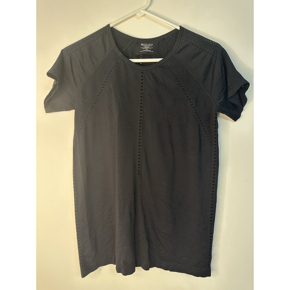 ATHLETA Foothill Black Size Medium Perforated Short Sleeve T-Shirt Workout Top
